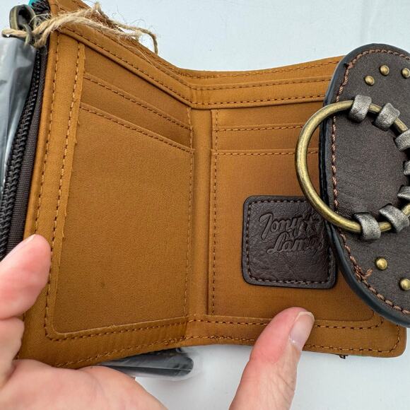 Tony Lama Teal Western RFID Wallet Floral Embossed Brown Flap Snap Closure NWT - Picture 4 of 11